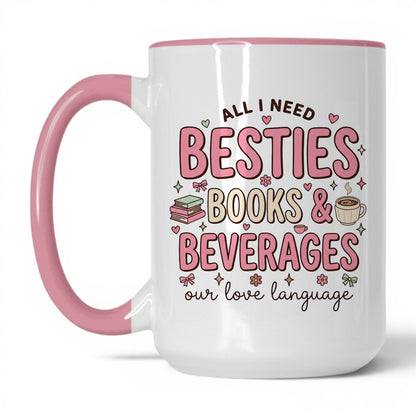 Besties, Books & Beverages doodle 15oz White Pink coffee mug