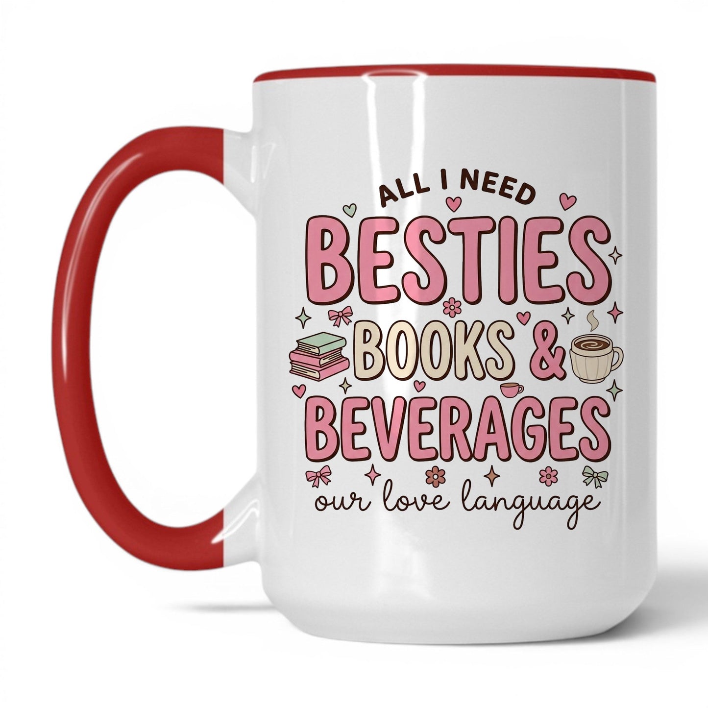 Besties, Books & Beverages doodle 15oz White Red coffee mug