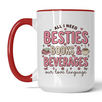 Besties, Books & Beverages doodle 15oz White Red coffee mug