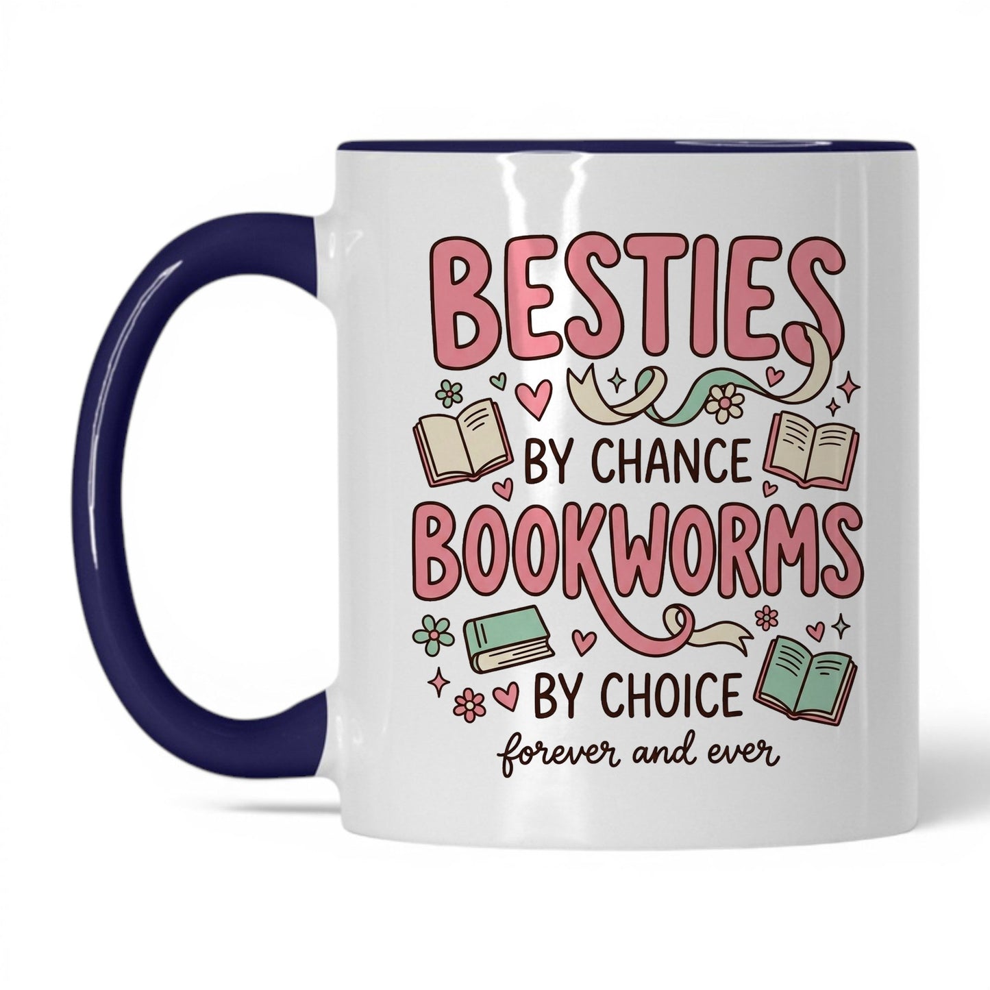 Besties by Chance, Bookworms by Choice doodle 11oz White Midnight Blue coffee mug