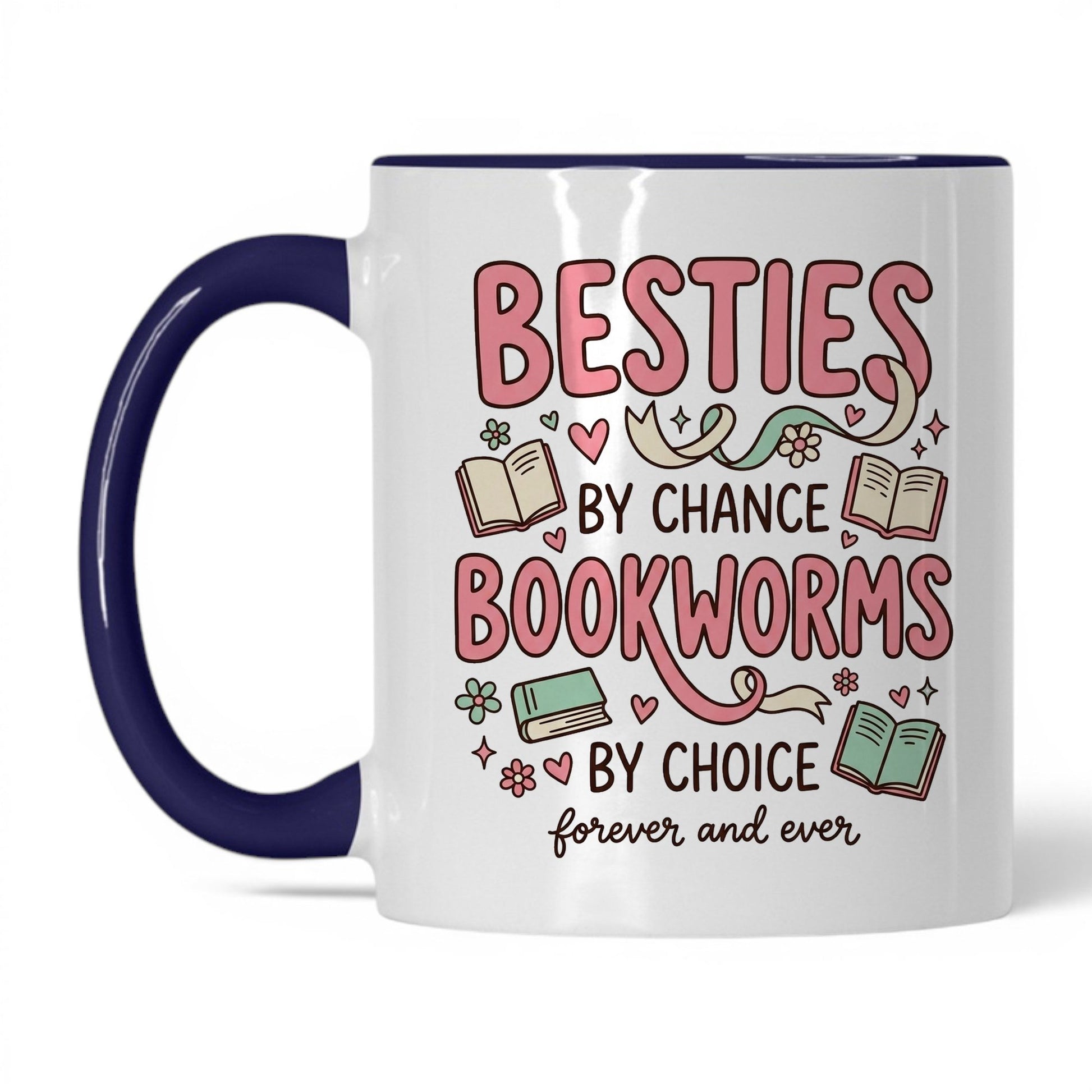 Besties by Chance, Bookworms by Choice doodle 11oz White Midnight Blue coffee mug
