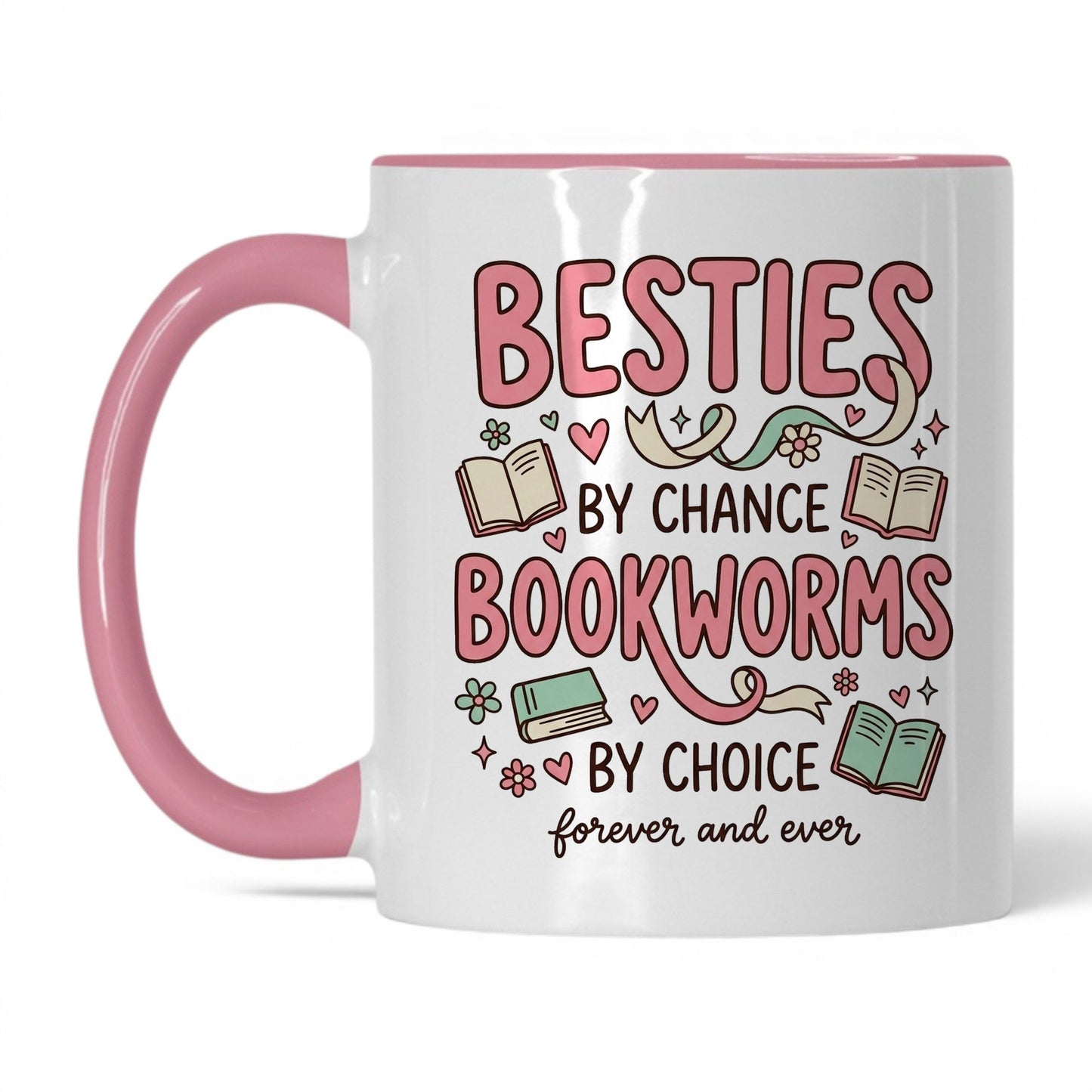 Besties by Chance, Bookworms by Choice doodle 11oz White Pink coffee mug