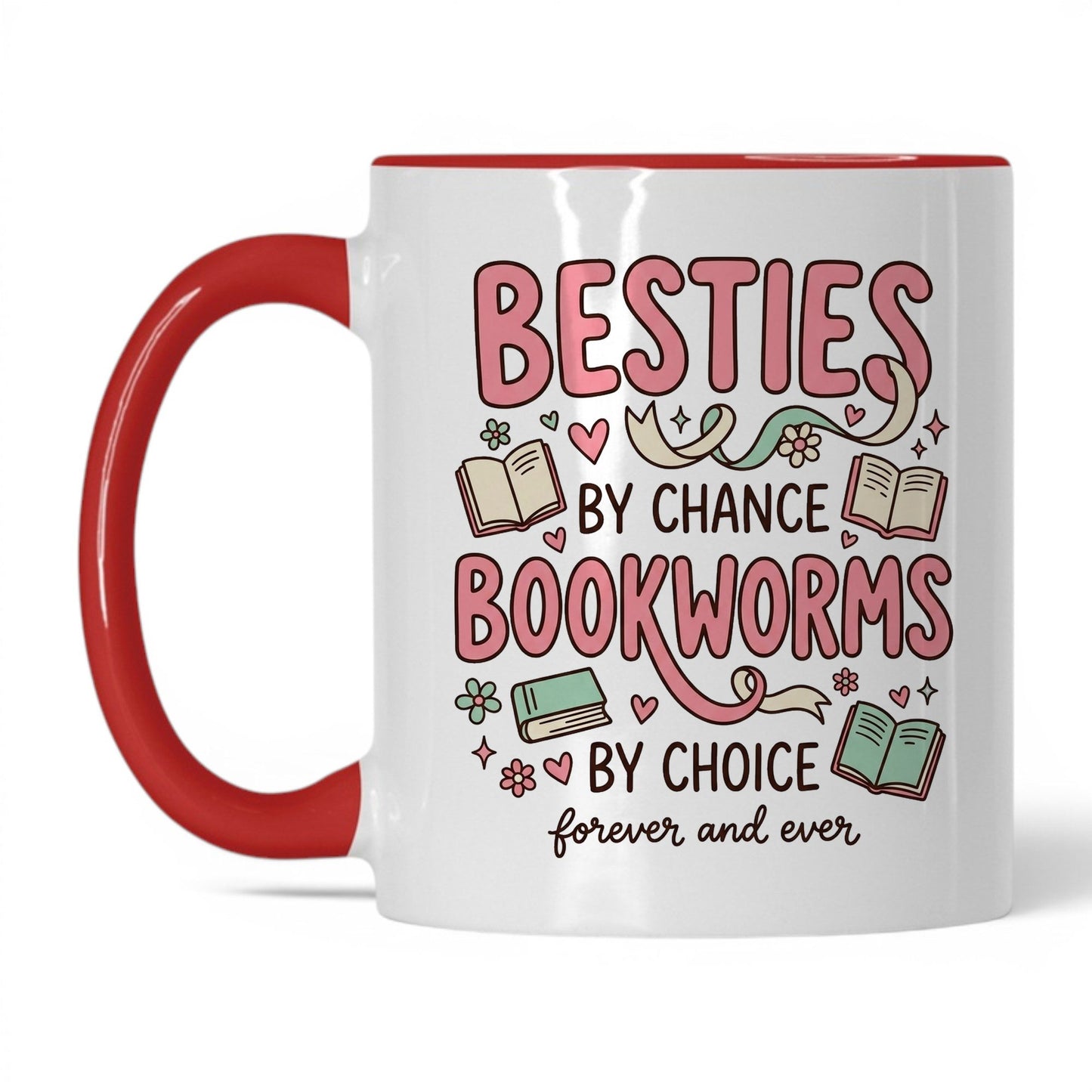 Besties by Chance, Bookworms by Choice doodle 11oz White Red coffee mug