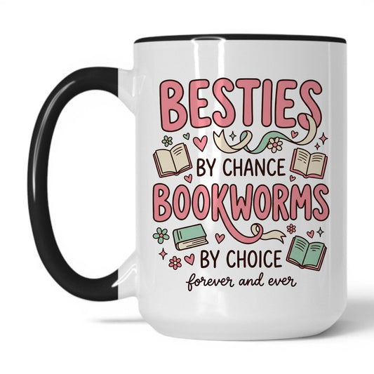 Besties by Chance, Bookworms by Choice doodle 15oz White Black coffee mug