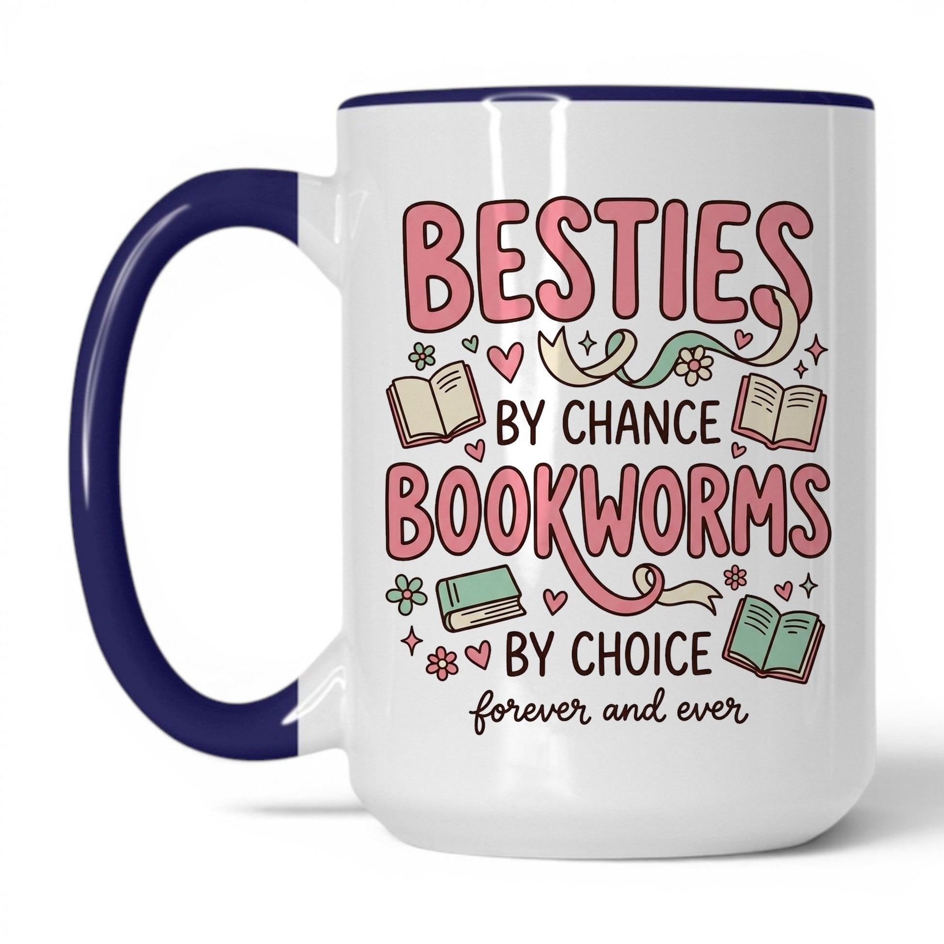 Besties by Chance, Bookworms by Choice doodle 15oz White Midnight Blue coffee mug