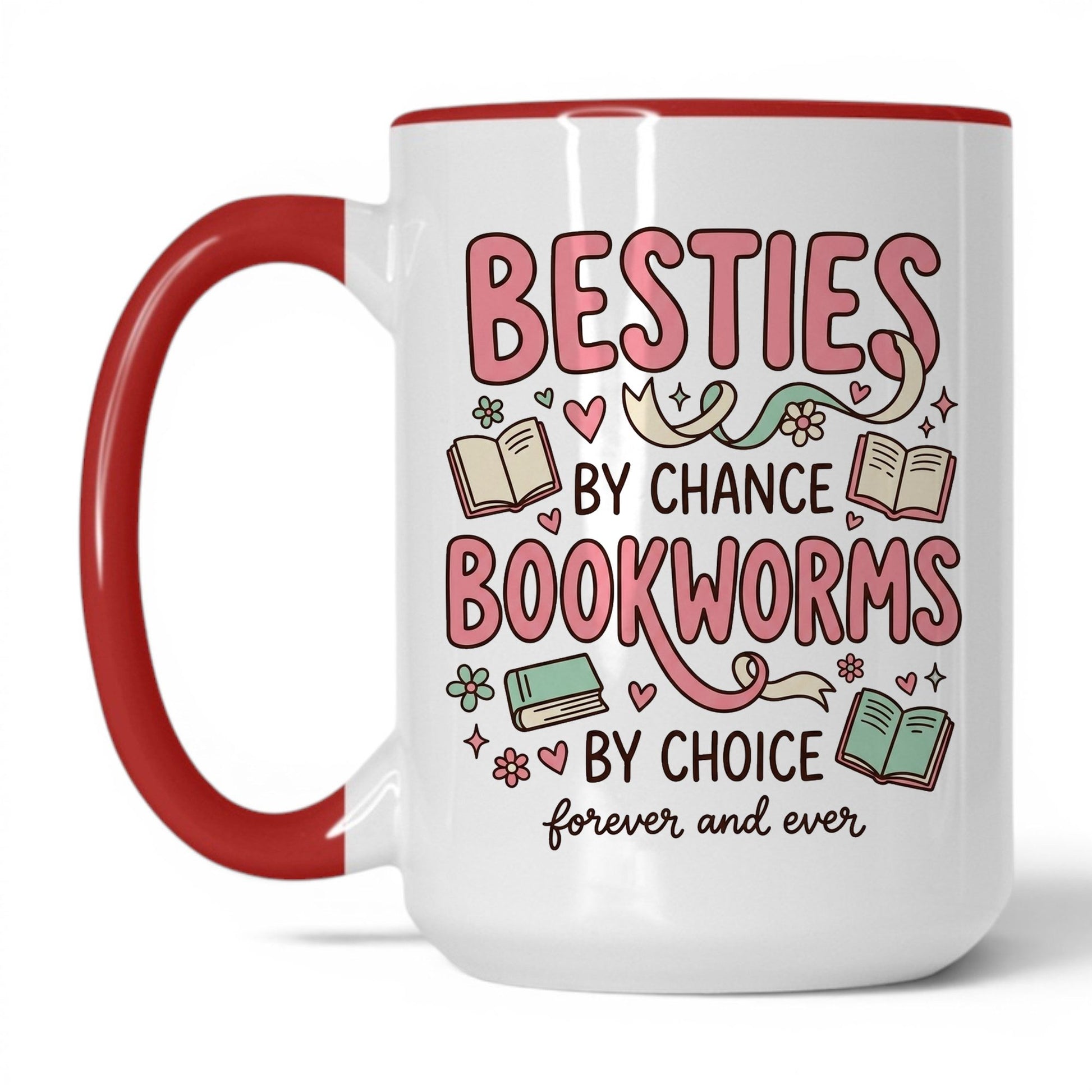 Besties by Chance, Bookworms by Choice doodle 15oz White Red coffee mug