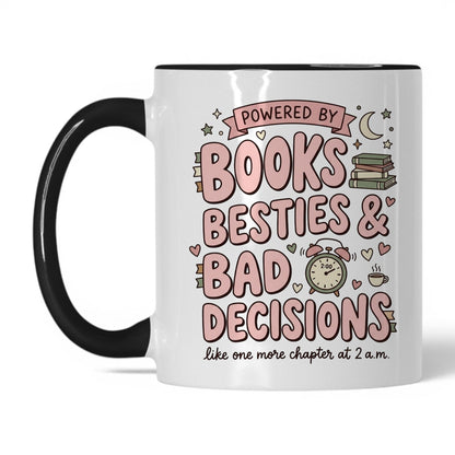 Books, Besties & Bad Decisions doodle 11oz White Black coffee mug