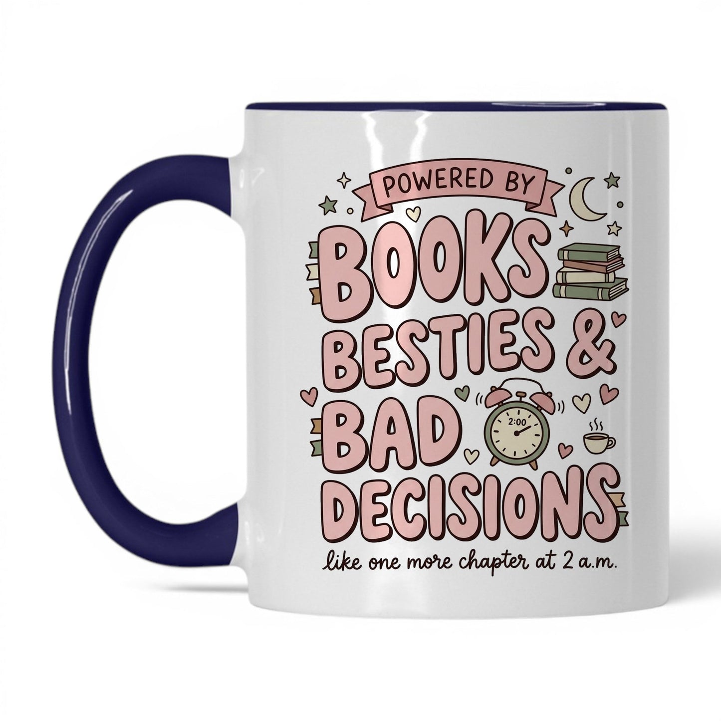 Books, Besties & Bad Decisions doodle 11oz White Midnight Blue coffee mug