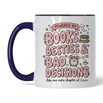 Books, Besties & Bad Decisions doodle 11oz White Midnight Blue coffee mug