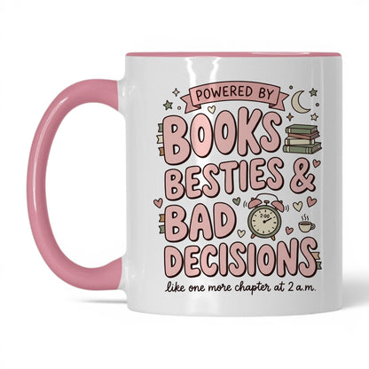 Books, Besties & Bad Decisions doodle 11oz White Pink coffee mug