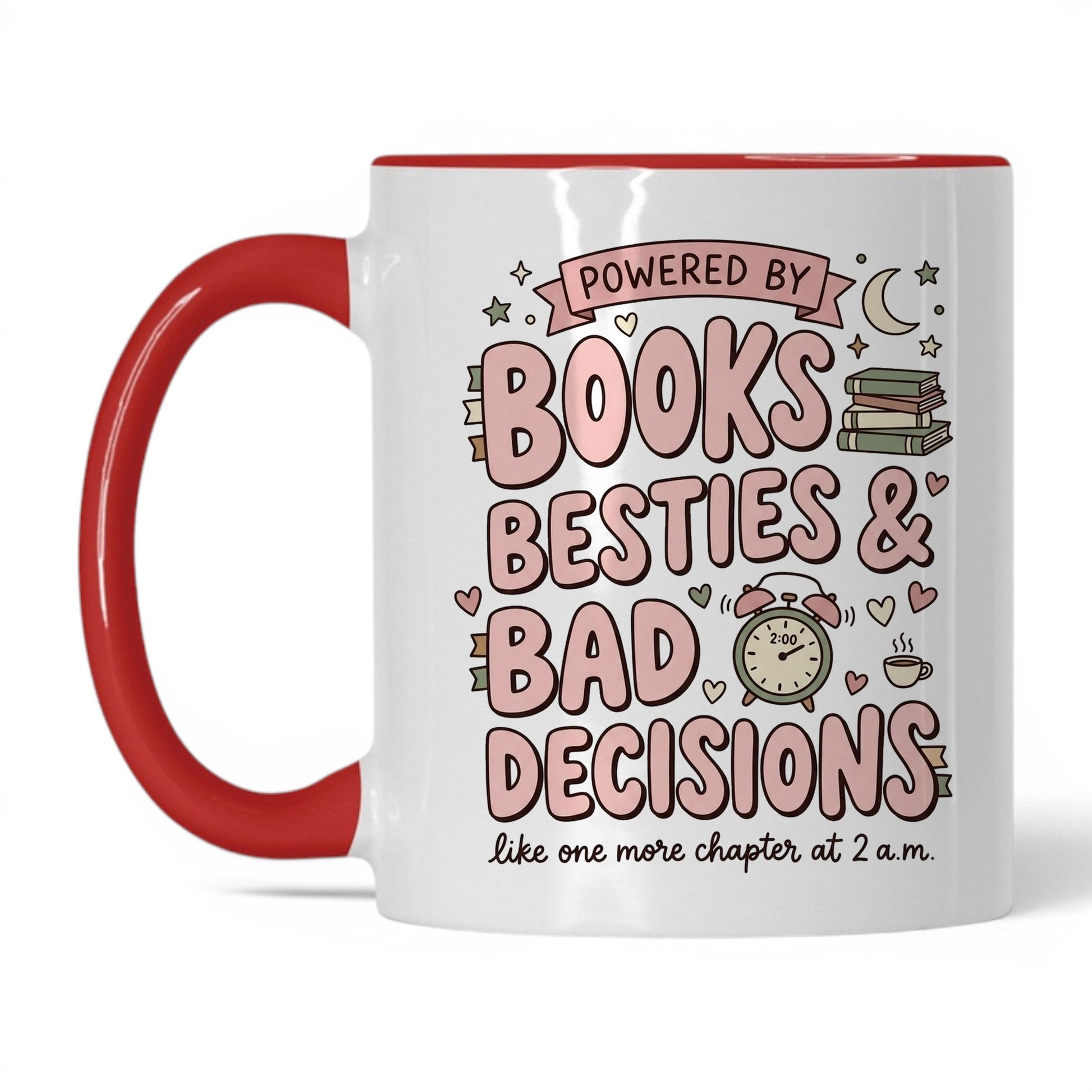 Books, Besties & Bad Decisions doodle 11oz White Red coffee mug