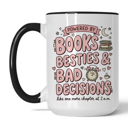 Books, Besties & Bad Decisions doodle 15oz White Black coffee mug