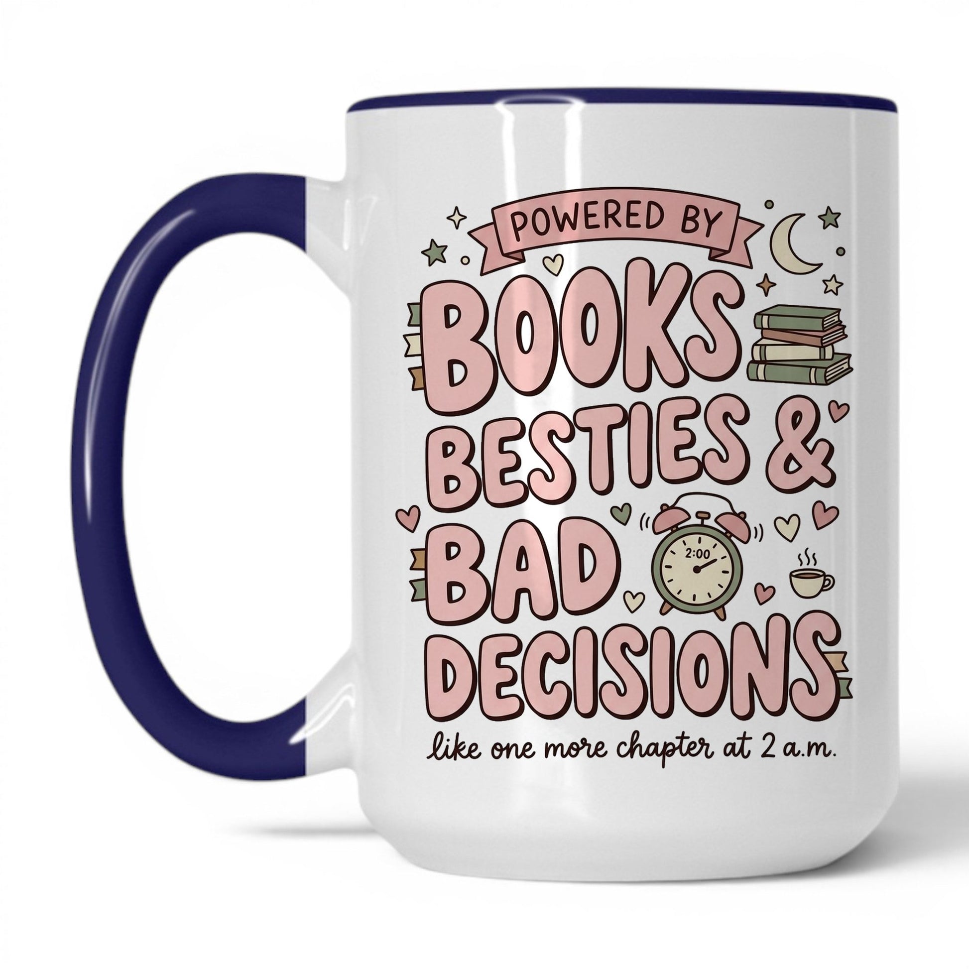 Books, Besties & Bad Decisions doodle 15oz White Midnight Blue coffee mug