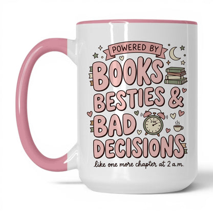 Books, Besties & Bad Decisions doodle 15oz White Pink coffee mug