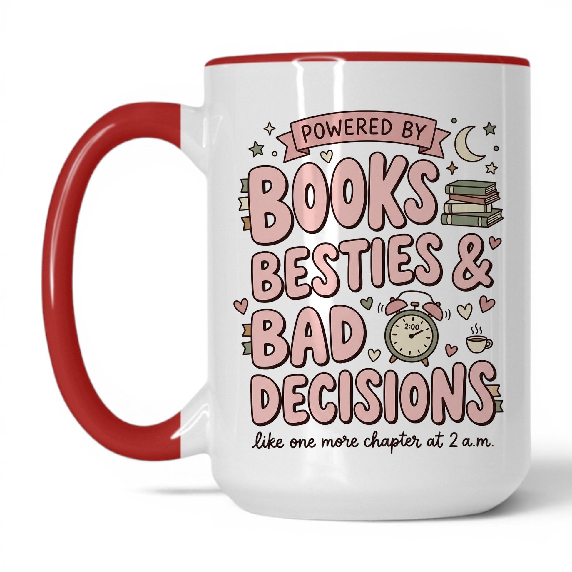 Books, Besties & Bad Decisions doodle 15oz White Red coffee mug