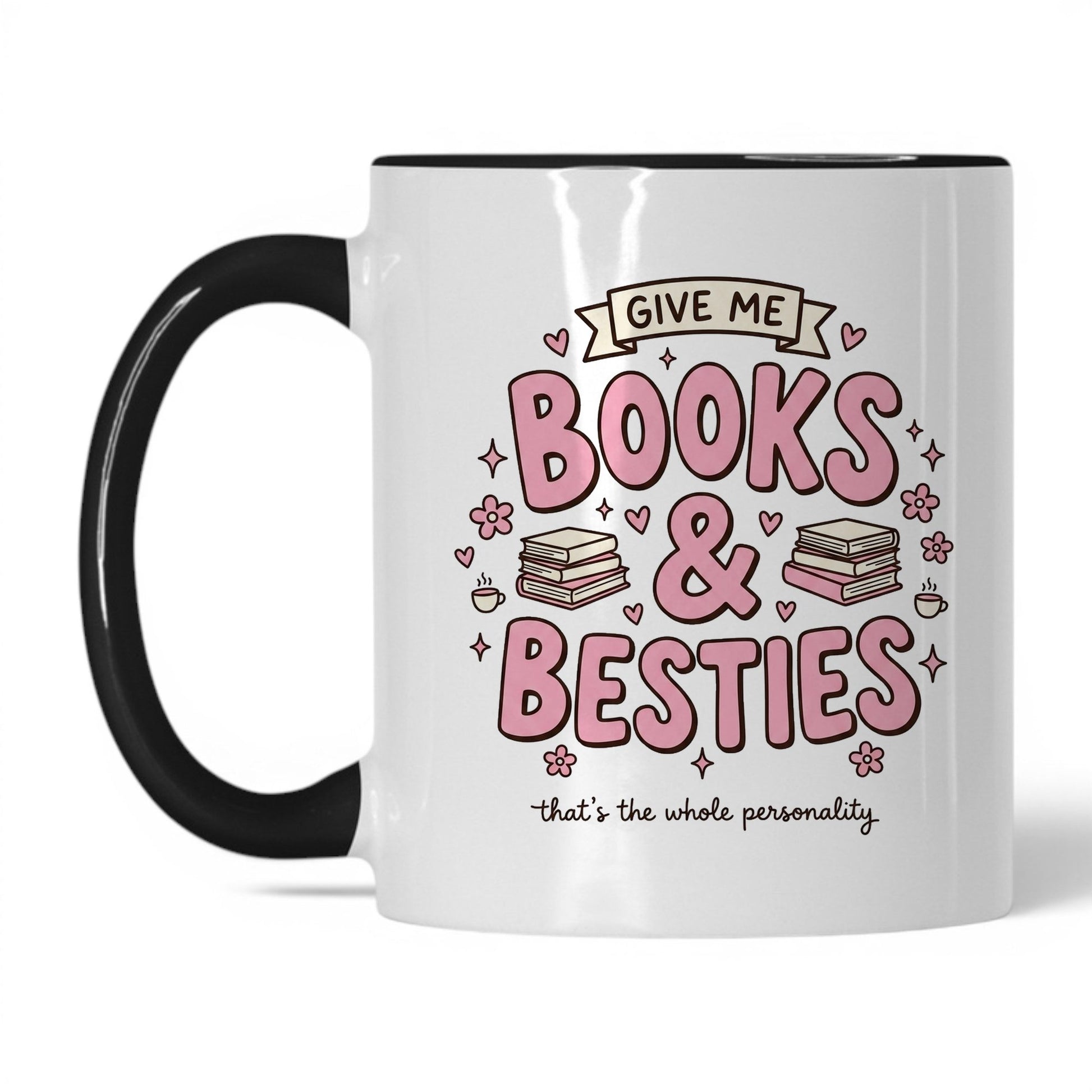 Books & Besties doodle 11oz White Black coffee mug