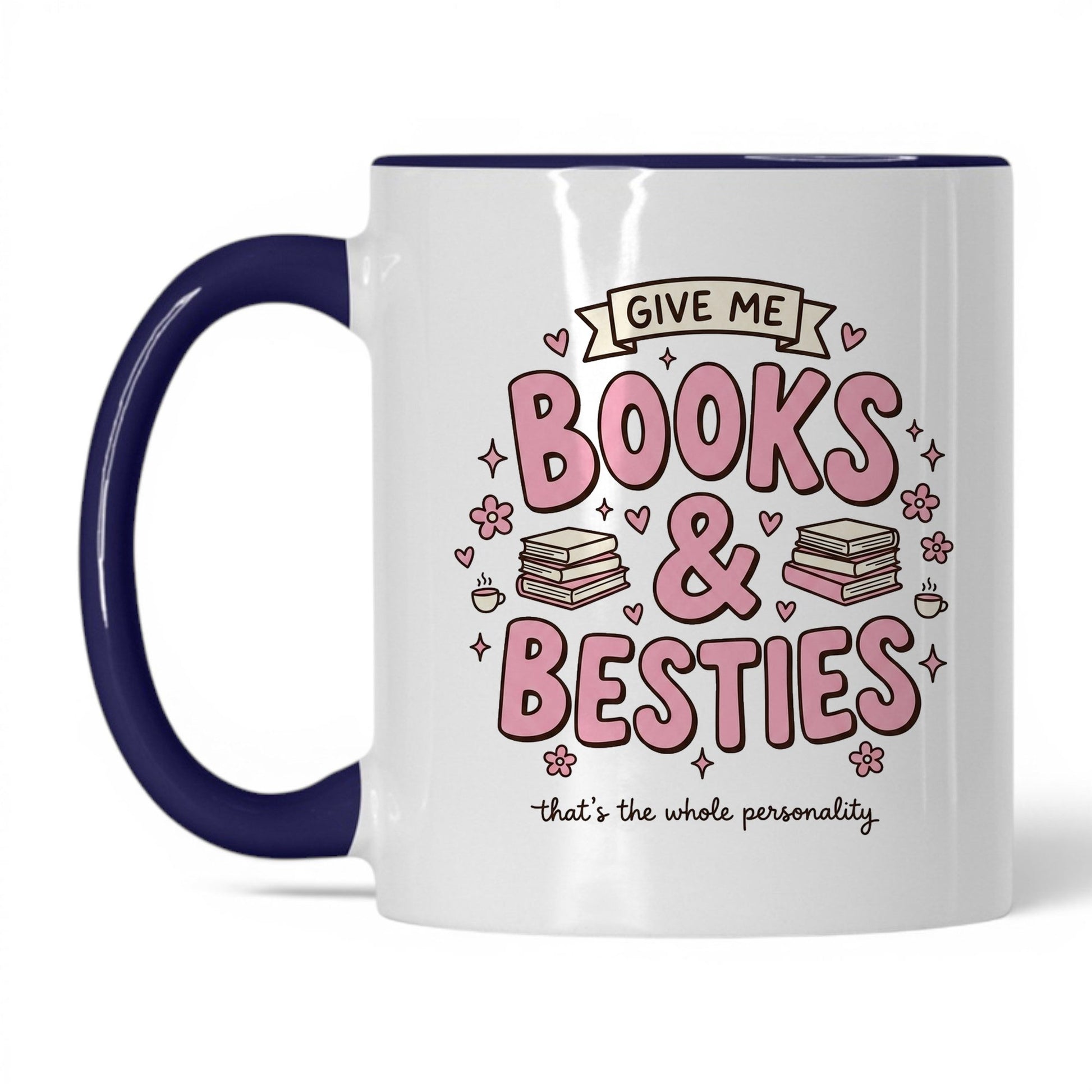 Books & Besties doodle 11oz White Midnight Blue coffee mug