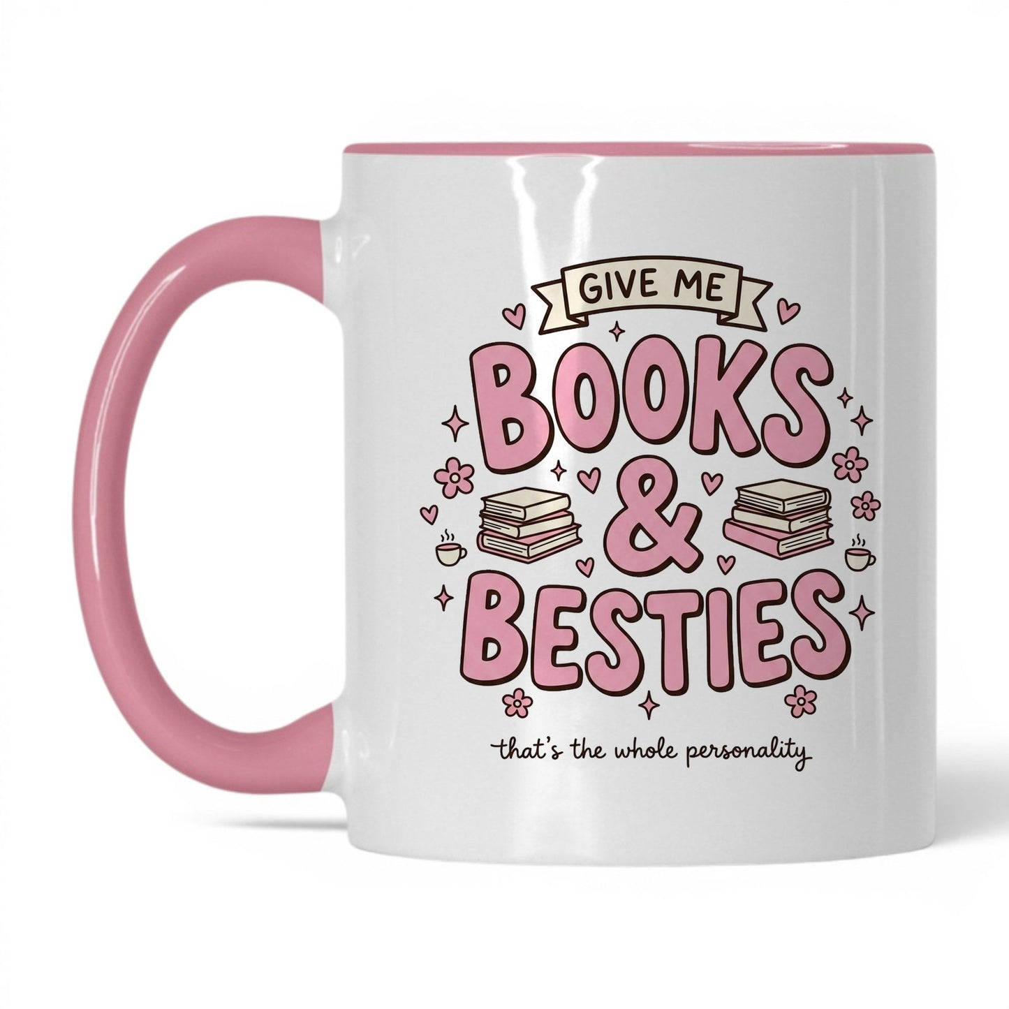 Books & Besties doodle 11oz White Pink coffee mug