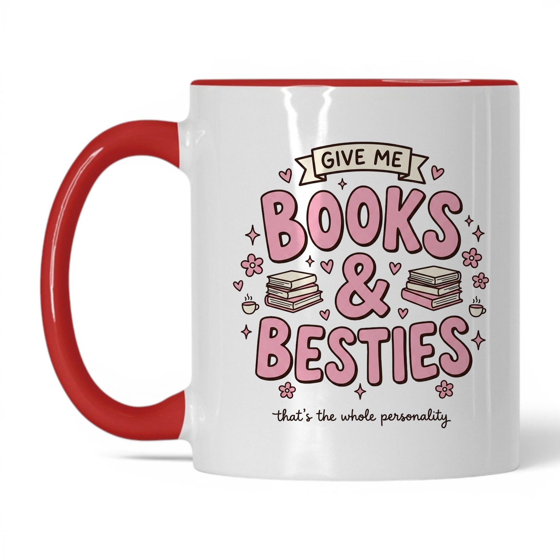Books & Besties doodle 11oz White Red coffee mug