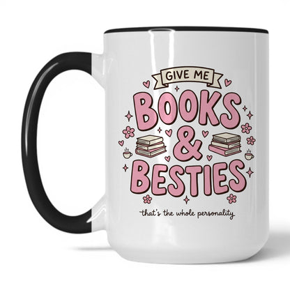 Books & Besties doodle 15oz White Black coffee mug