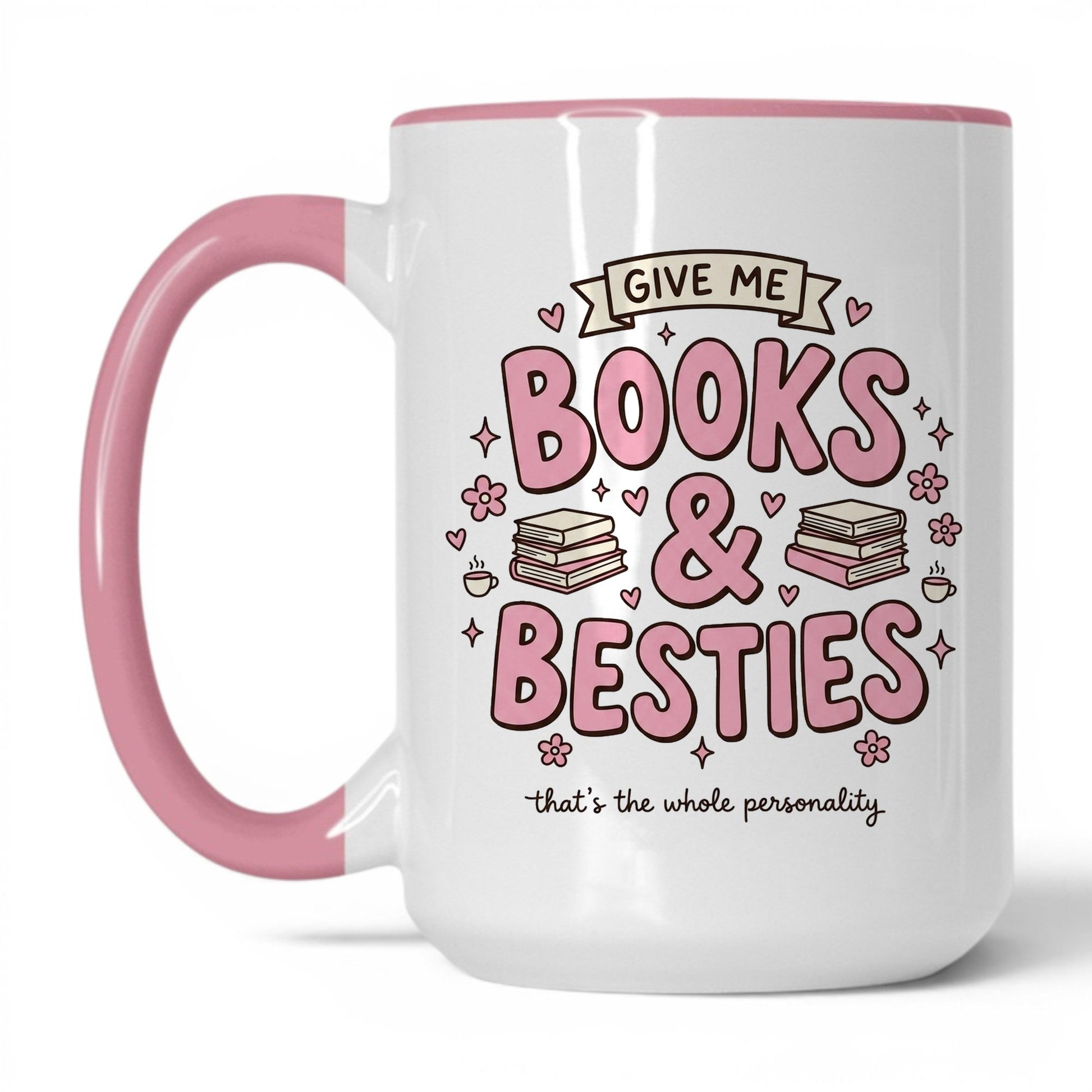 Books & Besties doodle 15oz White Pink coffee mug