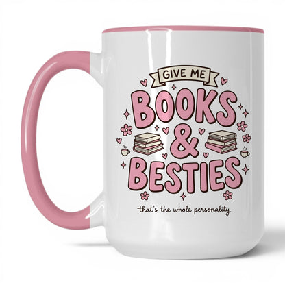 Books & Besties doodle 15oz White Pink coffee mug