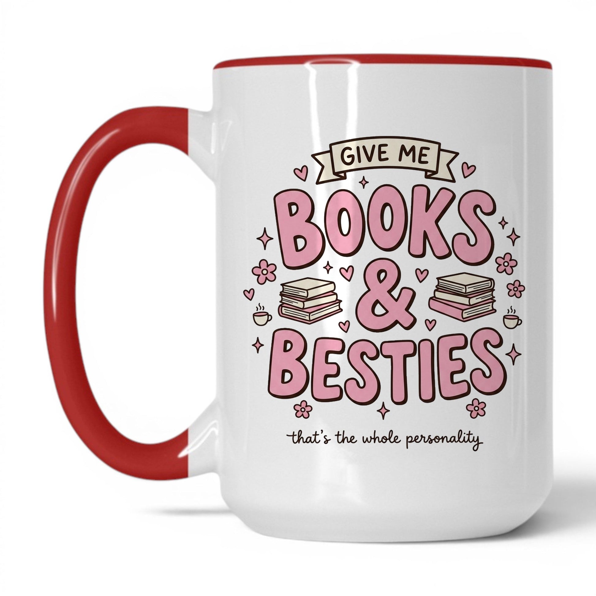 Books & Besties doodle 15oz White Red coffee mug