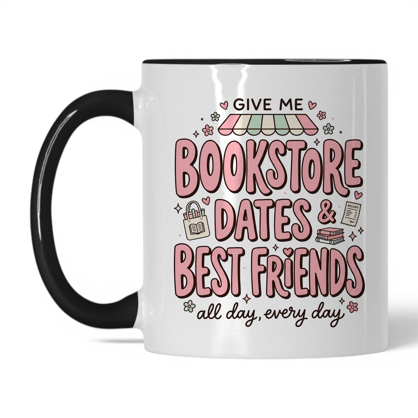 Bookstore Dates & Best Friends doodle 11oz White Black coffee mug