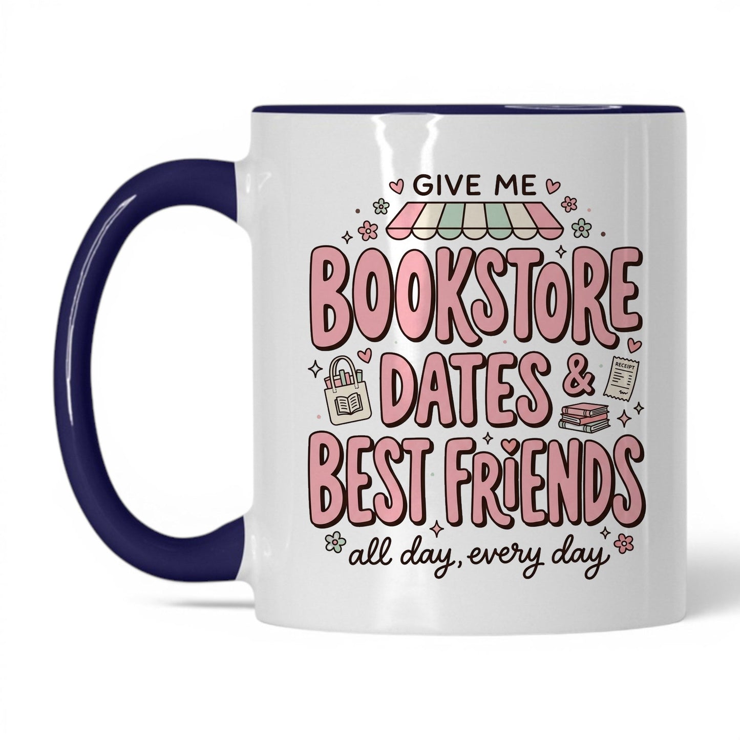 Bookstore Dates & Best Friends doodle 11oz White Midnight Blue coffee mug