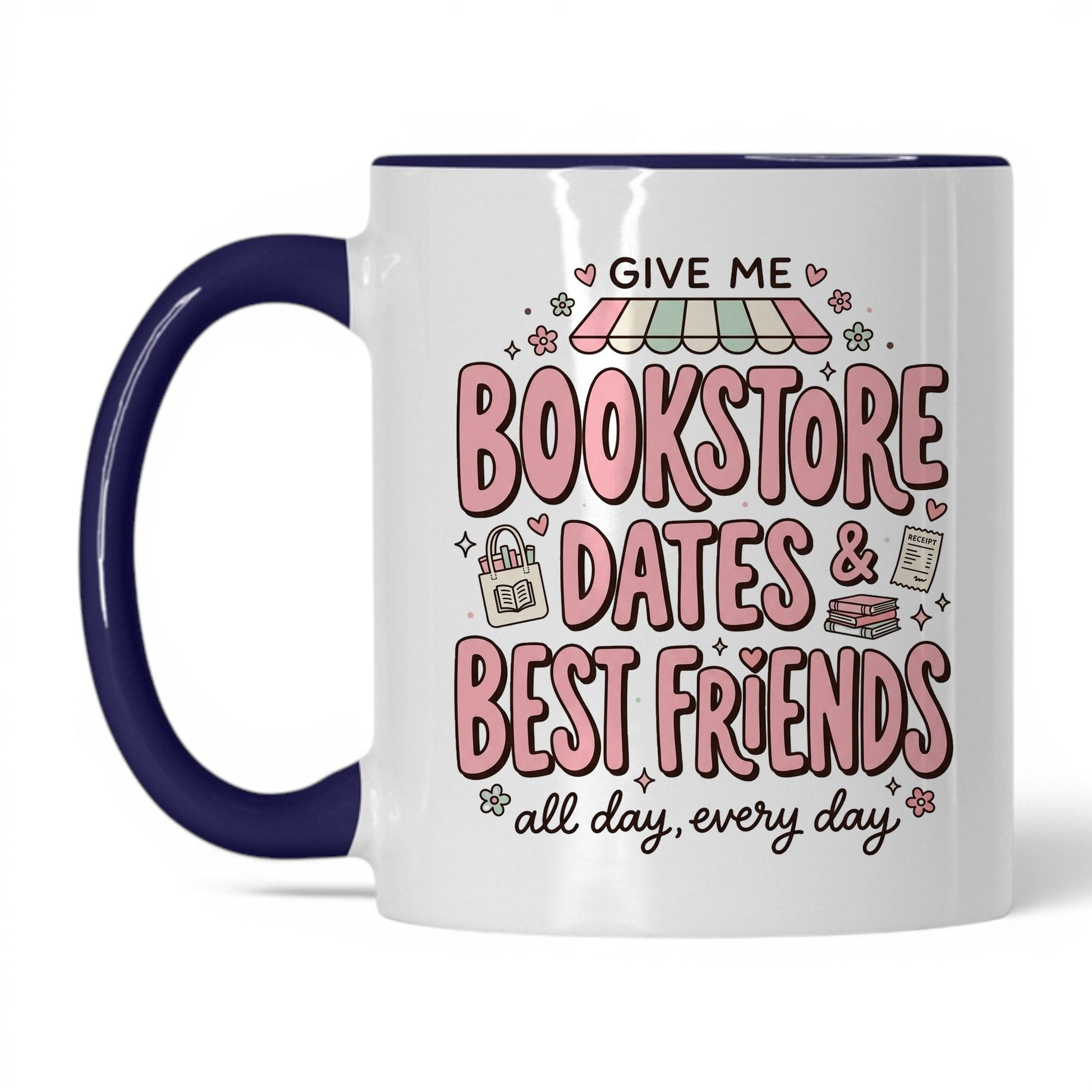Bookstore Dates & Best Friends doodle 11oz White Midnight Blue coffee mug