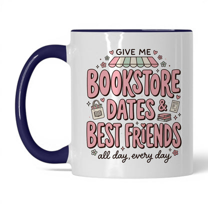 Bookstore Dates & Best Friends doodle 11oz White Midnight Blue coffee mug