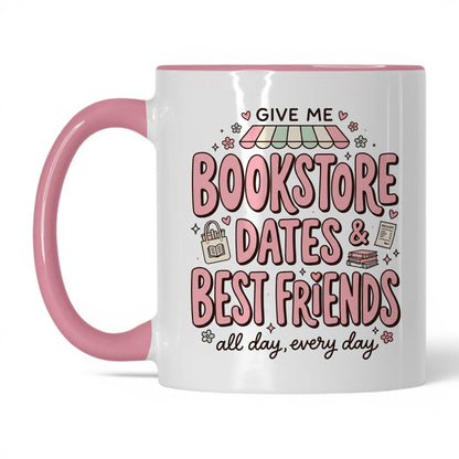 Bookstore Dates & Best Friends doodle 11oz White Pink coffee mug
