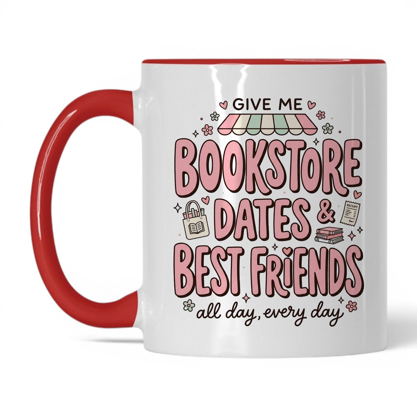 Bookstore Dates & Best Friends doodle 11oz White Red coffee mug