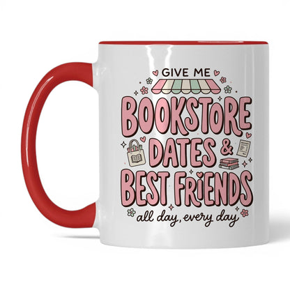 Bookstore Dates & Best Friends doodle 11oz White Red coffee mug