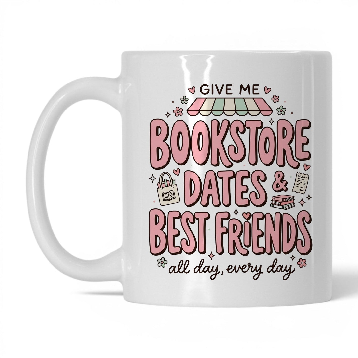 Bookstore Dates & Best Friends doodle 11oz White coffee mug