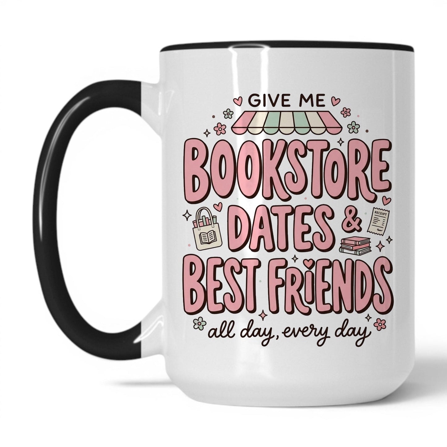 Bookstore Dates & Best Friends doodle 15oz White Black coffee mug