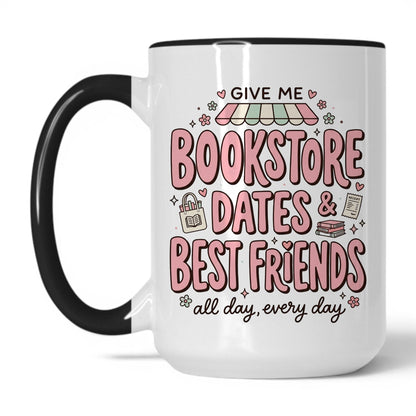 Bookstore Dates & Best Friends doodle 15oz White Black coffee mug