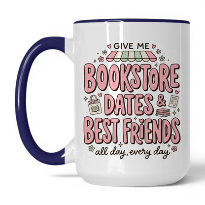 Bookstore Dates & Best Friends doodle 15oz White Midnight Blue coffee mug
