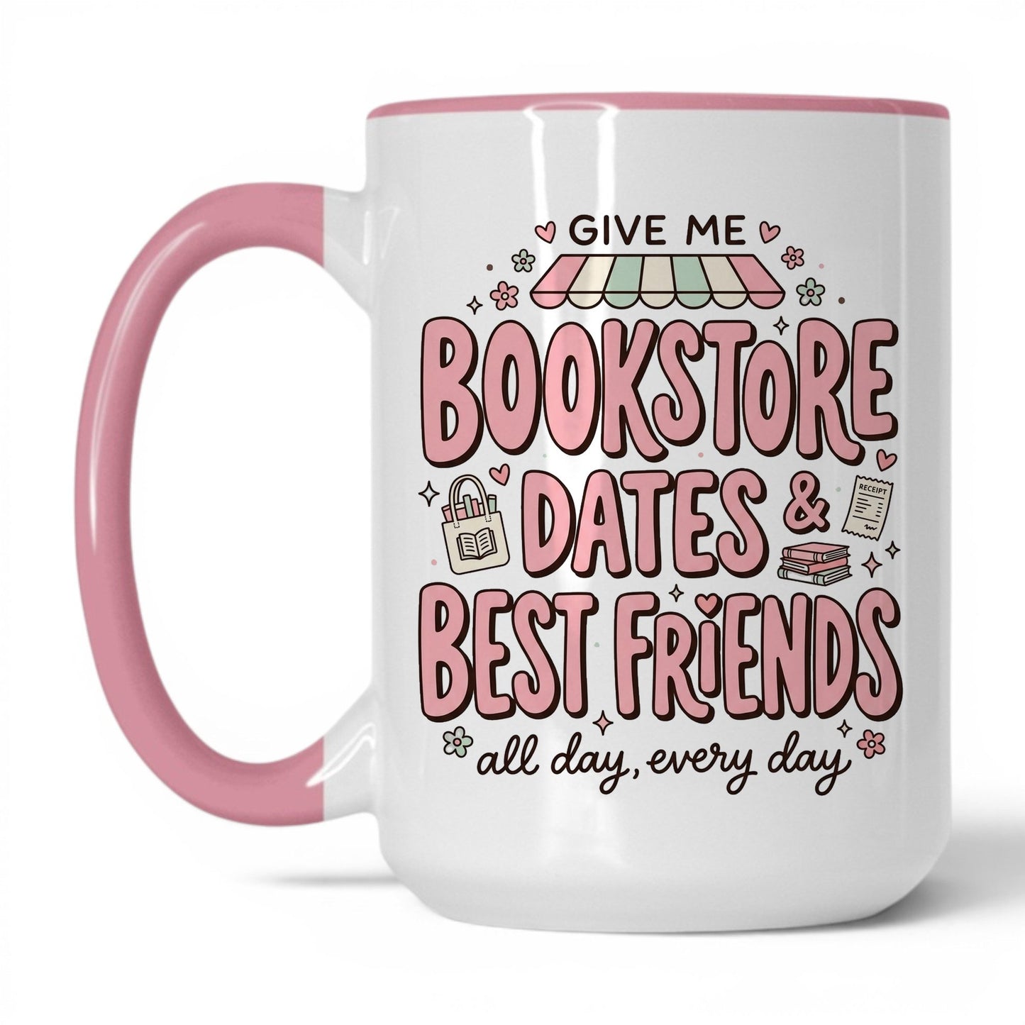 Bookstore Dates & Best Friends doodle 15oz White Pink coffee mug