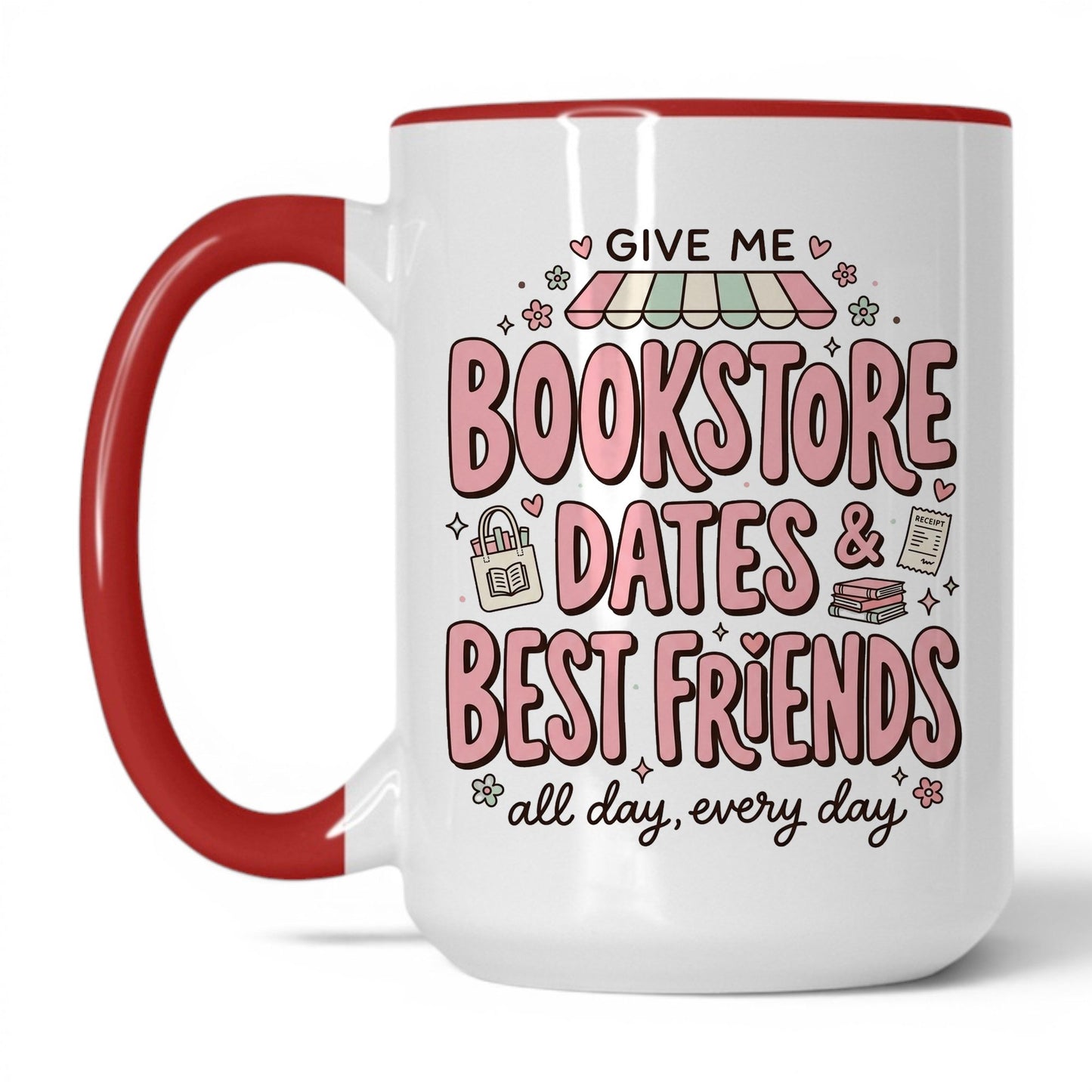 Bookstore Dates & Best Friends doodle 15oz White Red coffee mug