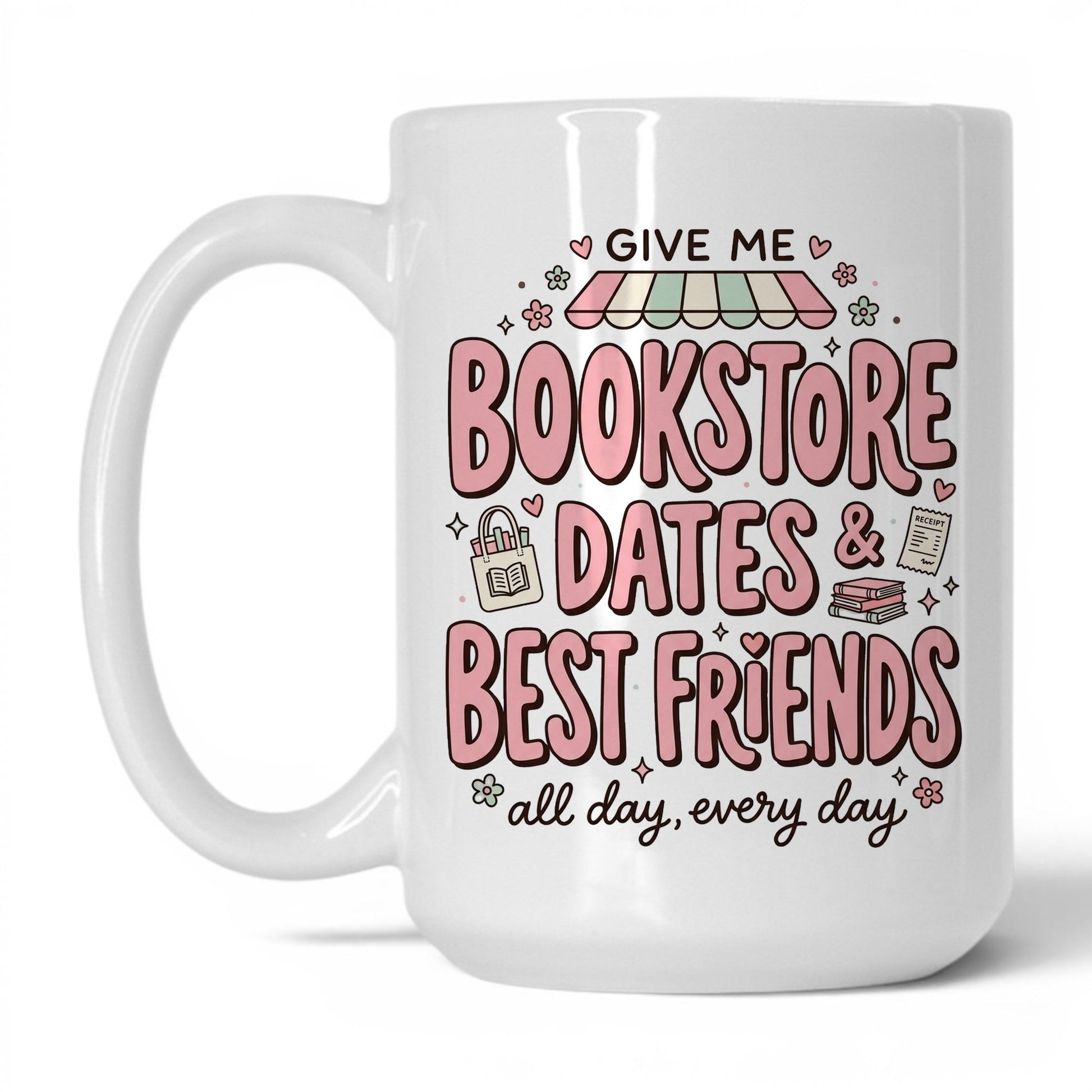 Bookstore Dates & Best Friends doodle 15oz White coffee mug