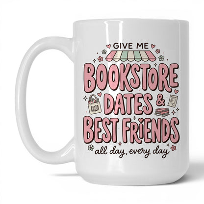 Bookstore Dates & Best Friends doodle 15oz White coffee mug