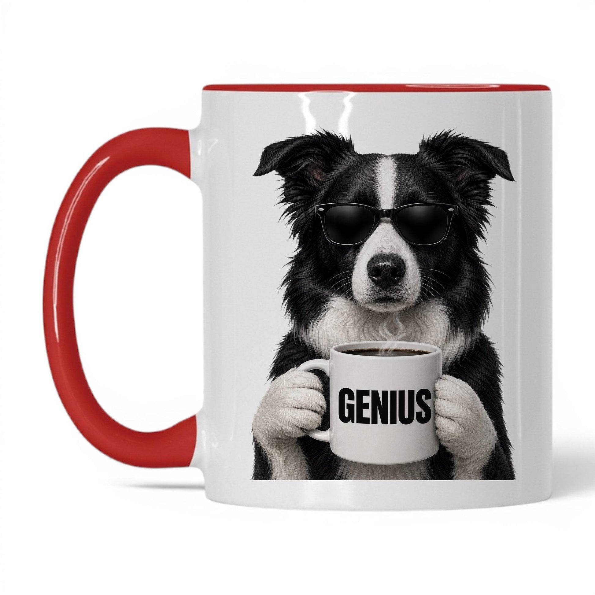 Border Collie Genius coffee mug — 11oz White Red