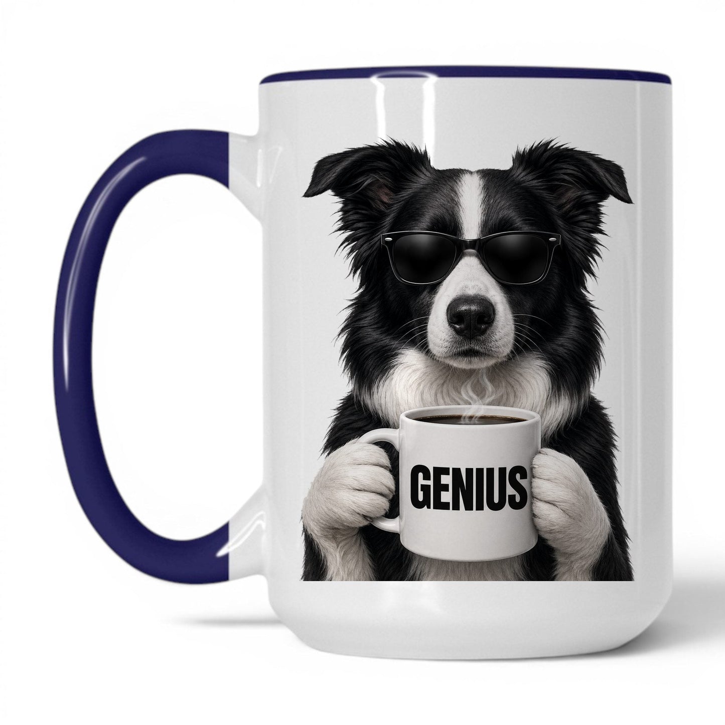 Border Collie Genius coffee mug — 15oz White Midnight Blue