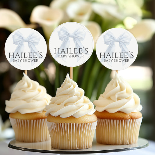 Editable Elegant White Bow Baby Shower Cupcake Topper Canva Template