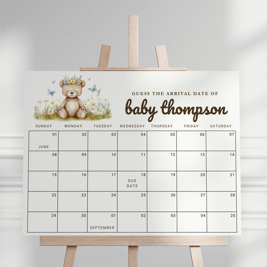 Editable We Can Bearly Wait Baby Shower Due Date Calendar Canva Template