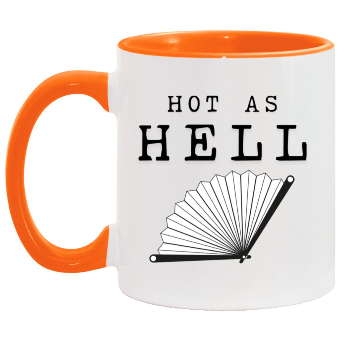 Hot As Hell hot flash menopause mug with folding fan illustration
