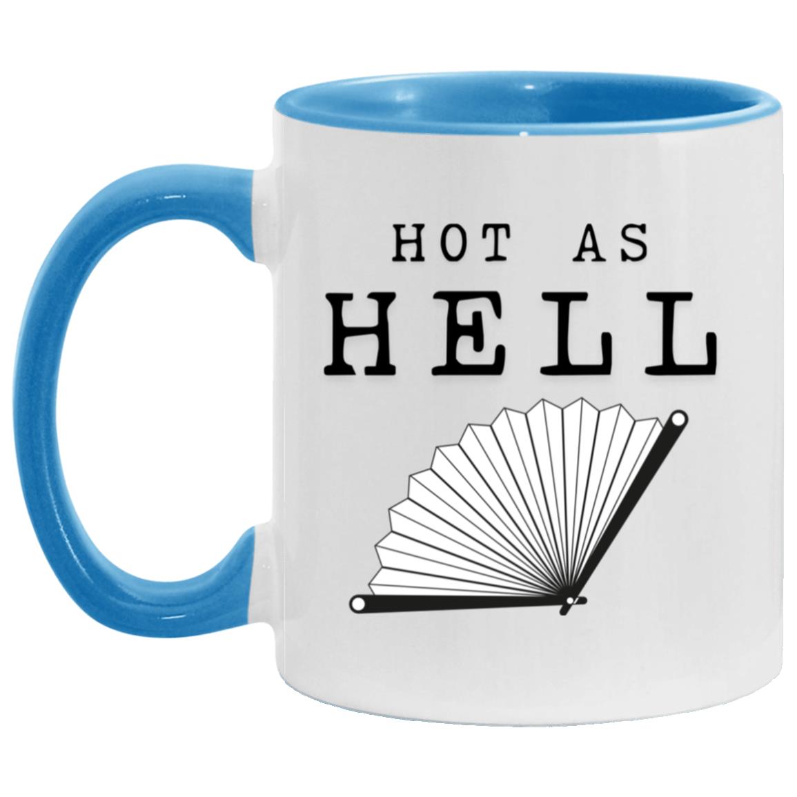 Hot As Hell hot flash menopause mug with folding fan illustration