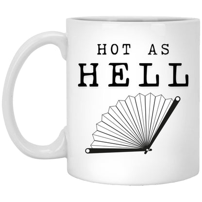 Hot As Hell hot flash menopause mug with folding fan illustration
