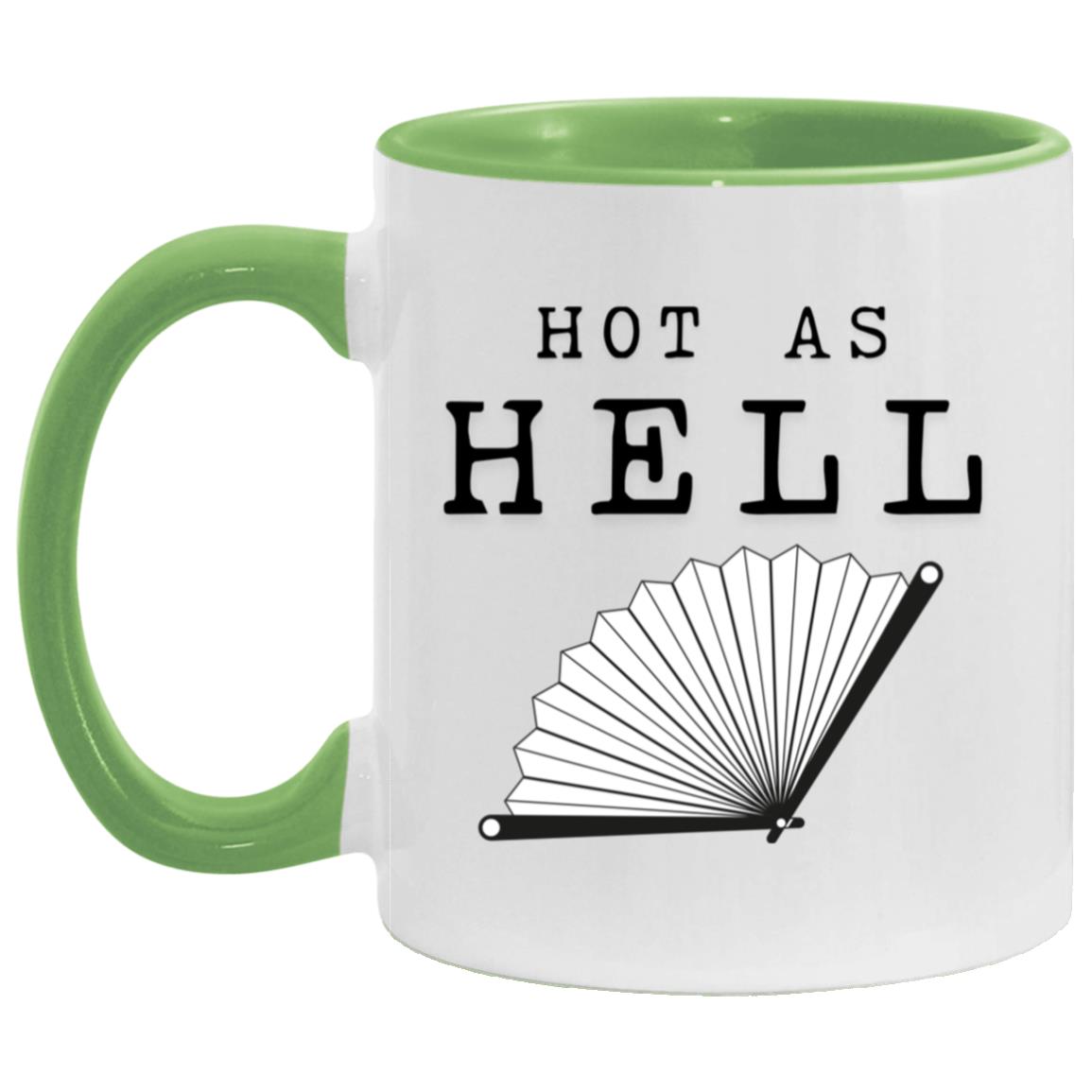 Hot As Hell hot flash menopause mug with folding fan illustration